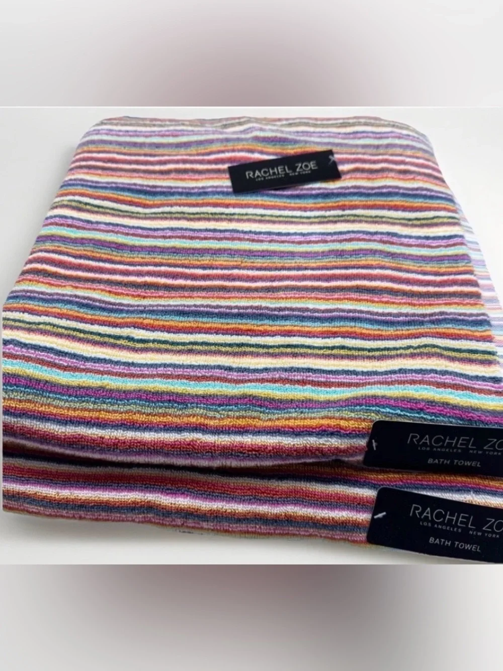 2pc Rachel Zoe Cotton Rainbow Striped Multicolored Bath Towel Set New